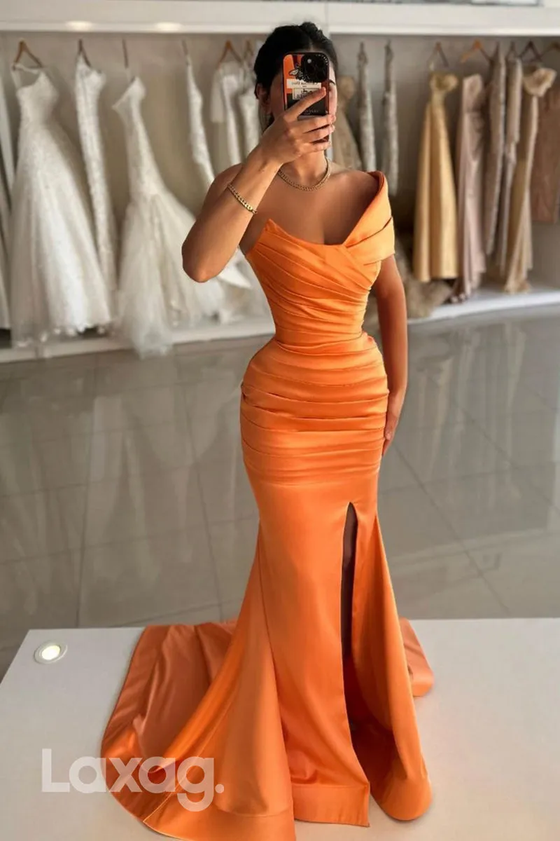 13798 - Off Shoulder Satin Ruched Mermaid Long Formal Prom Dress with Slit