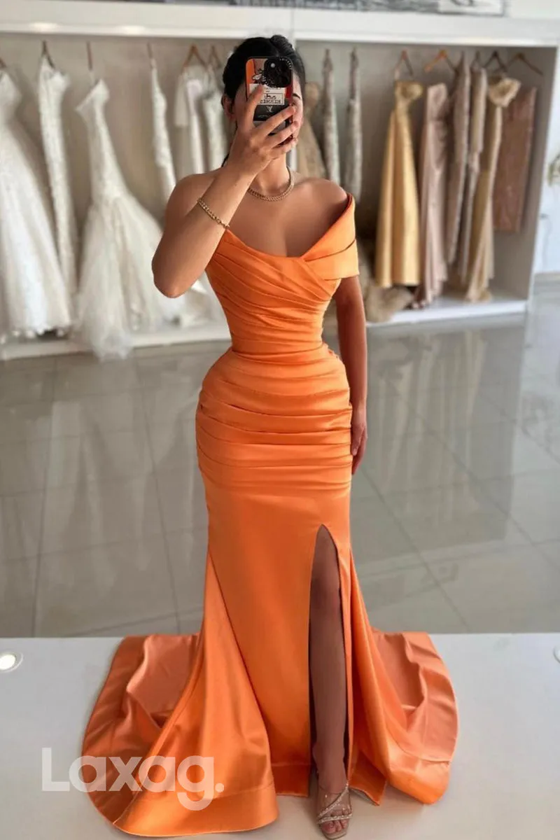 13798 - Off Shoulder Satin Ruched Mermaid Long Formal Prom Dress with Slit