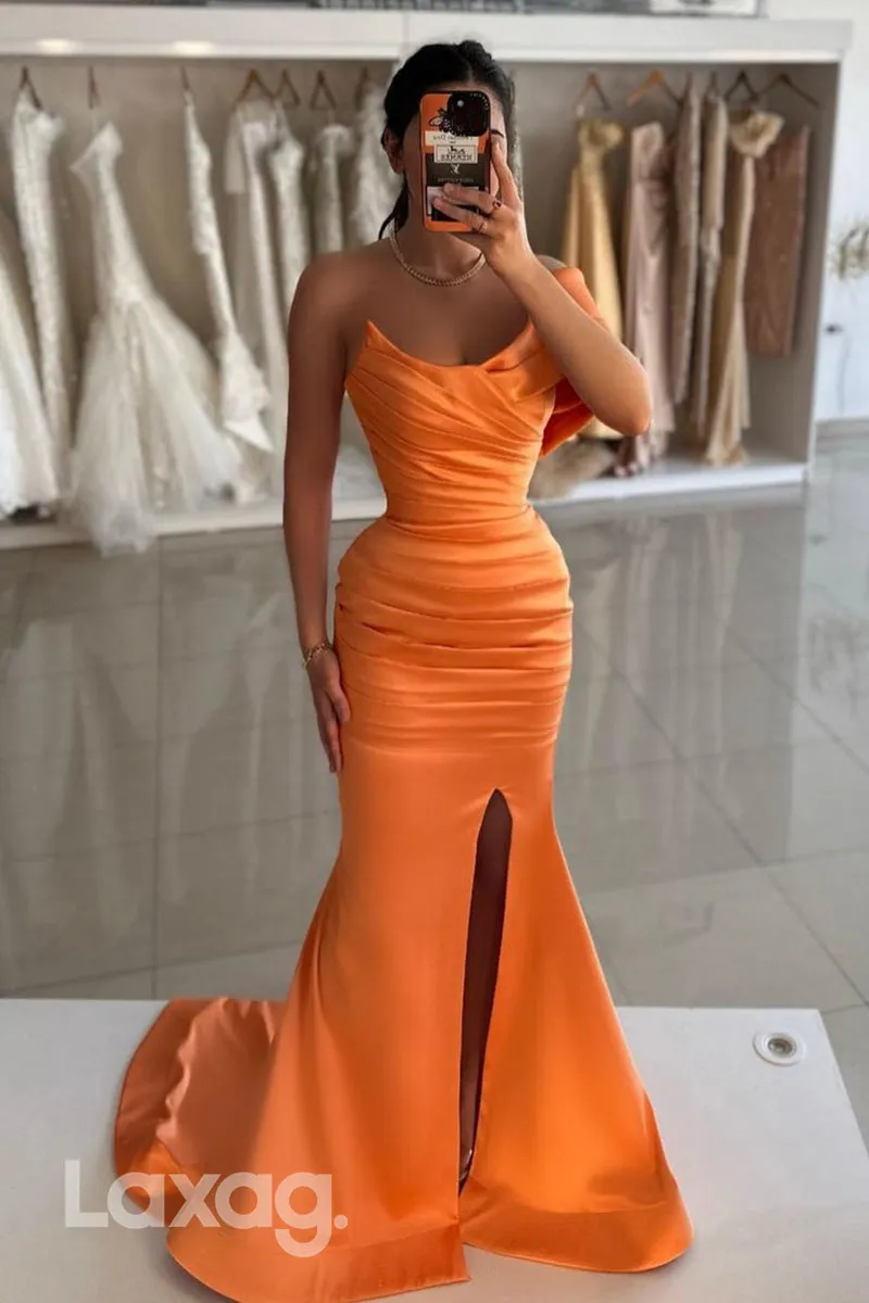 13798 - Off Shoulder Satin Ruched Mermaid Long Formal Prom Dress with Slit