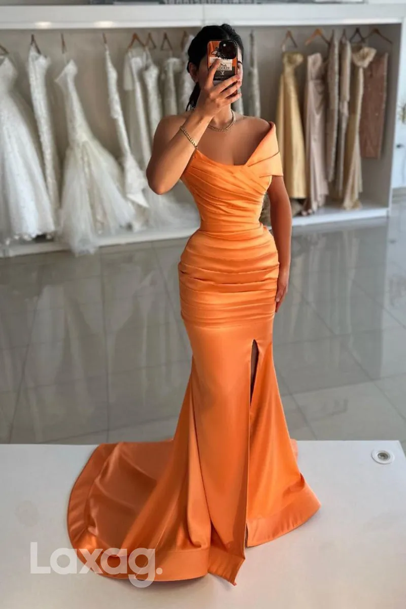 13798 - Off Shoulder Satin Ruched Mermaid Long Formal Prom Dress with Slit