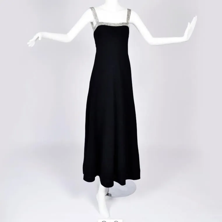 1970s Vintage I Magnin Black Evening Gown Dress W/ 6 Rows of Rhinestones