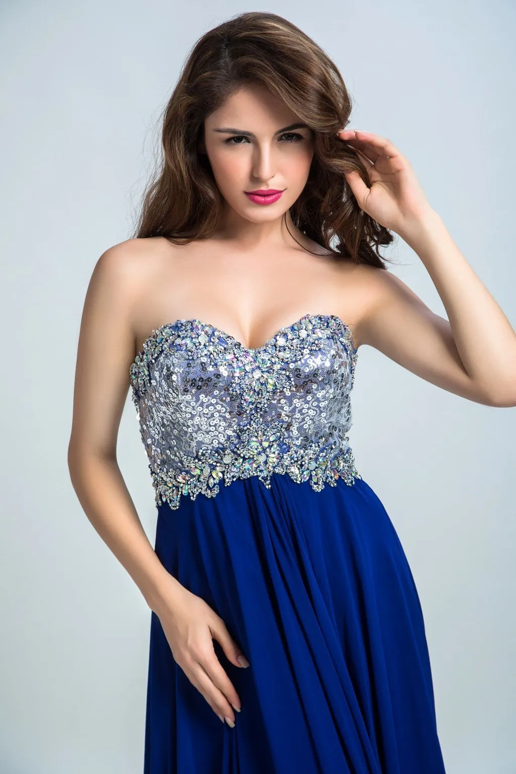 A-line Sweetheart Sweep Train Chiffon Sequined  Royal Blue Evening Dresses 2904