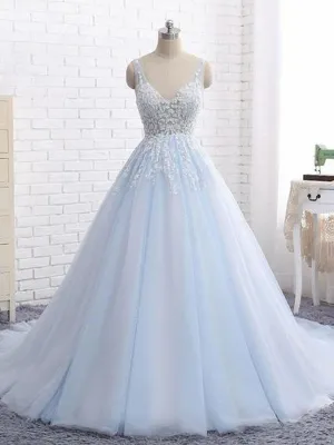 A-line V-neck Chapel Train Tulle Appliqued Long Evening Dresses ASD26935