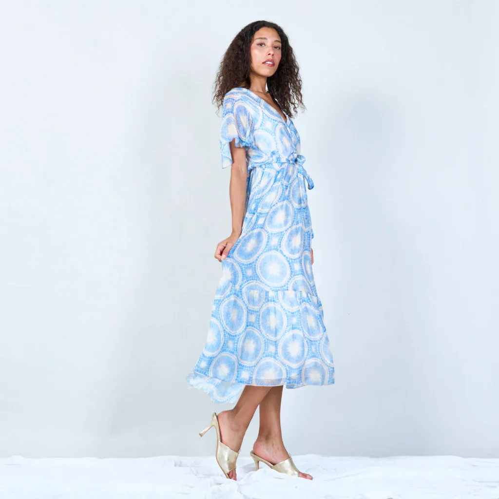 Abstract print wrap dress with front belt wholesale