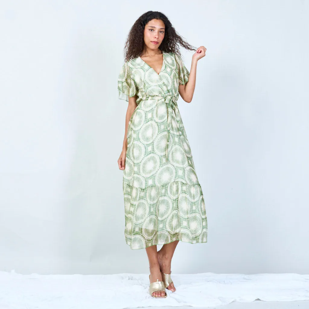 Abstract print wrap dress with front belt wholesale