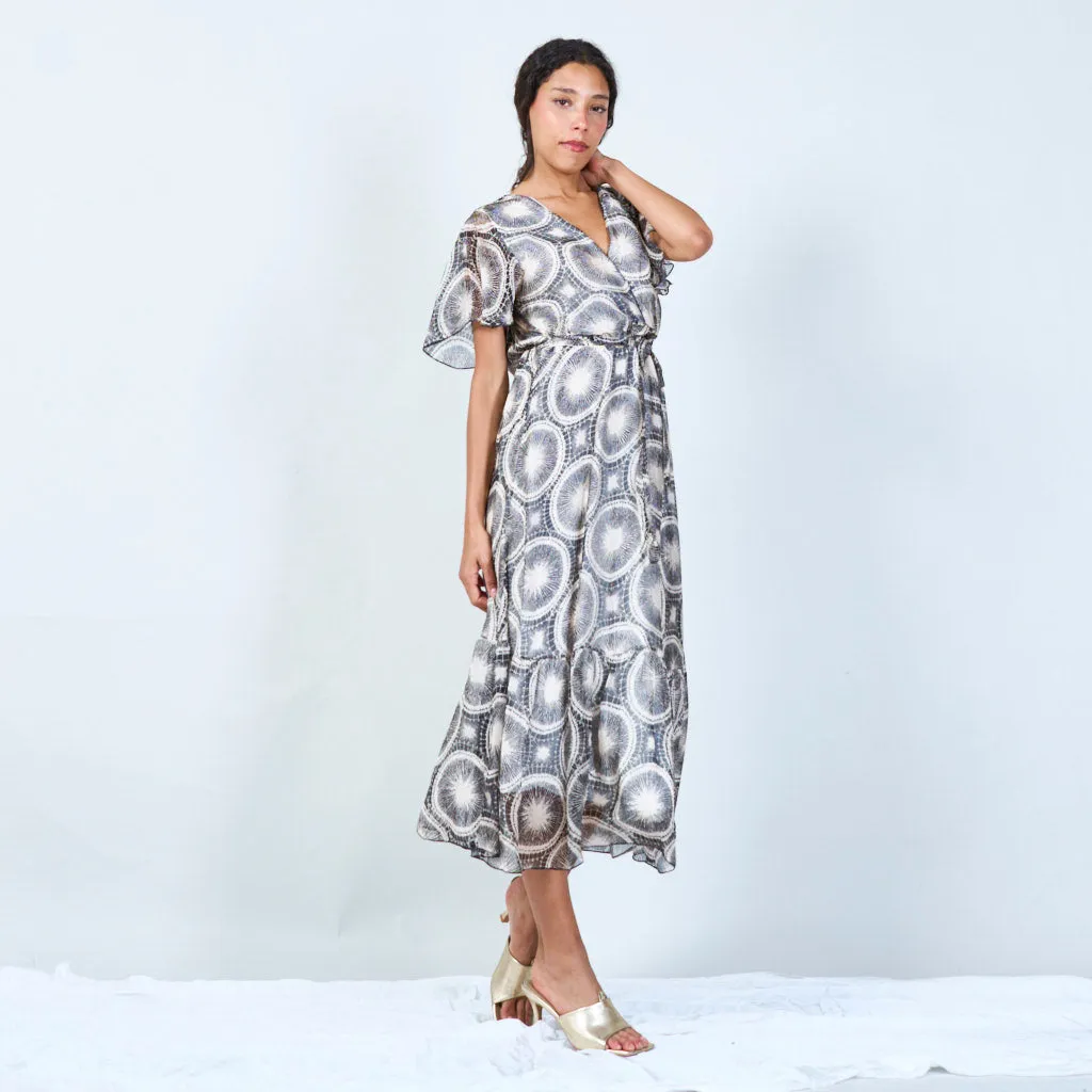 Abstract print wrap dress with front belt wholesale