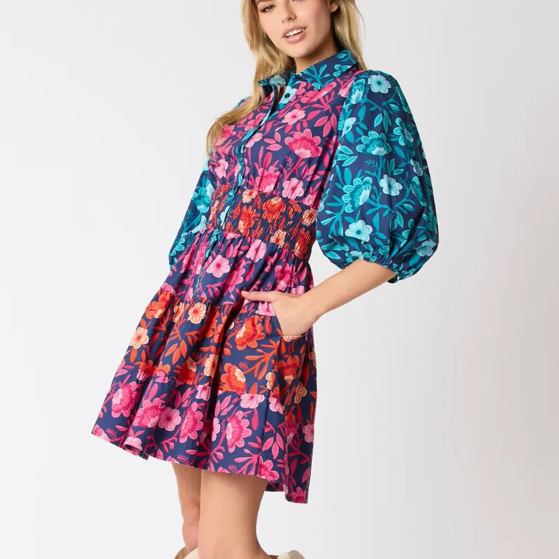 All Over Mixed Floral Print Tiered Dress