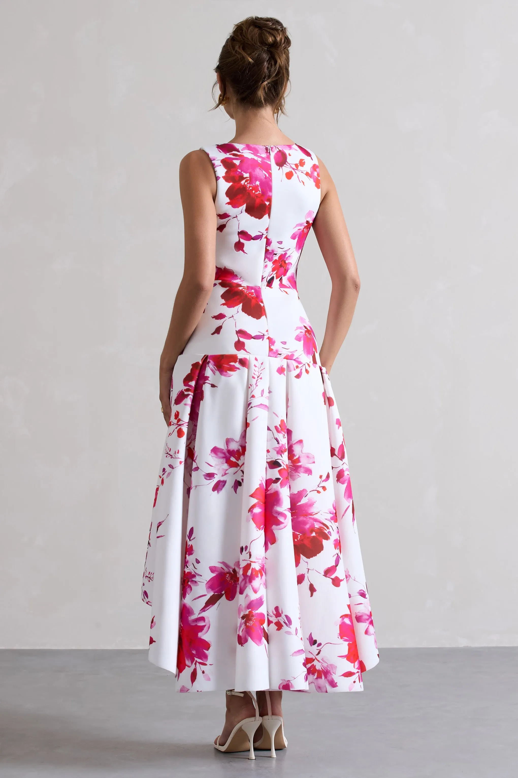 Amoret | Pink Floral Print Plunge-Neck Maxi Dress With Volume Hem