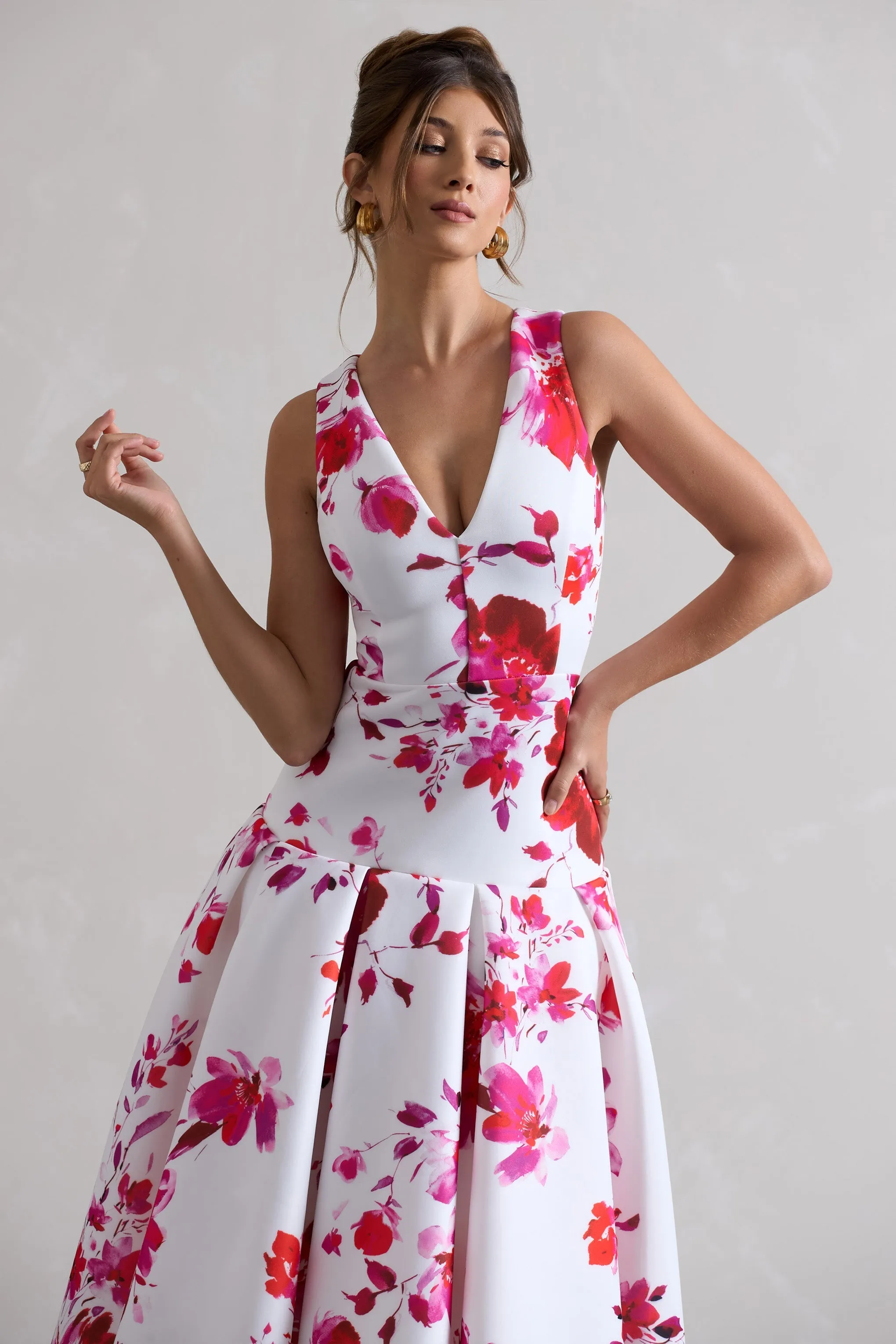 Amoret | Pink Floral Print Plunge-Neck Maxi Dress With Volume Hem