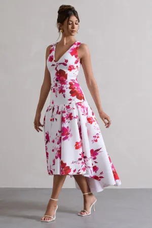 Amoret | Pink Floral Print Plunge-Neck Maxi Dress With Volume Hem