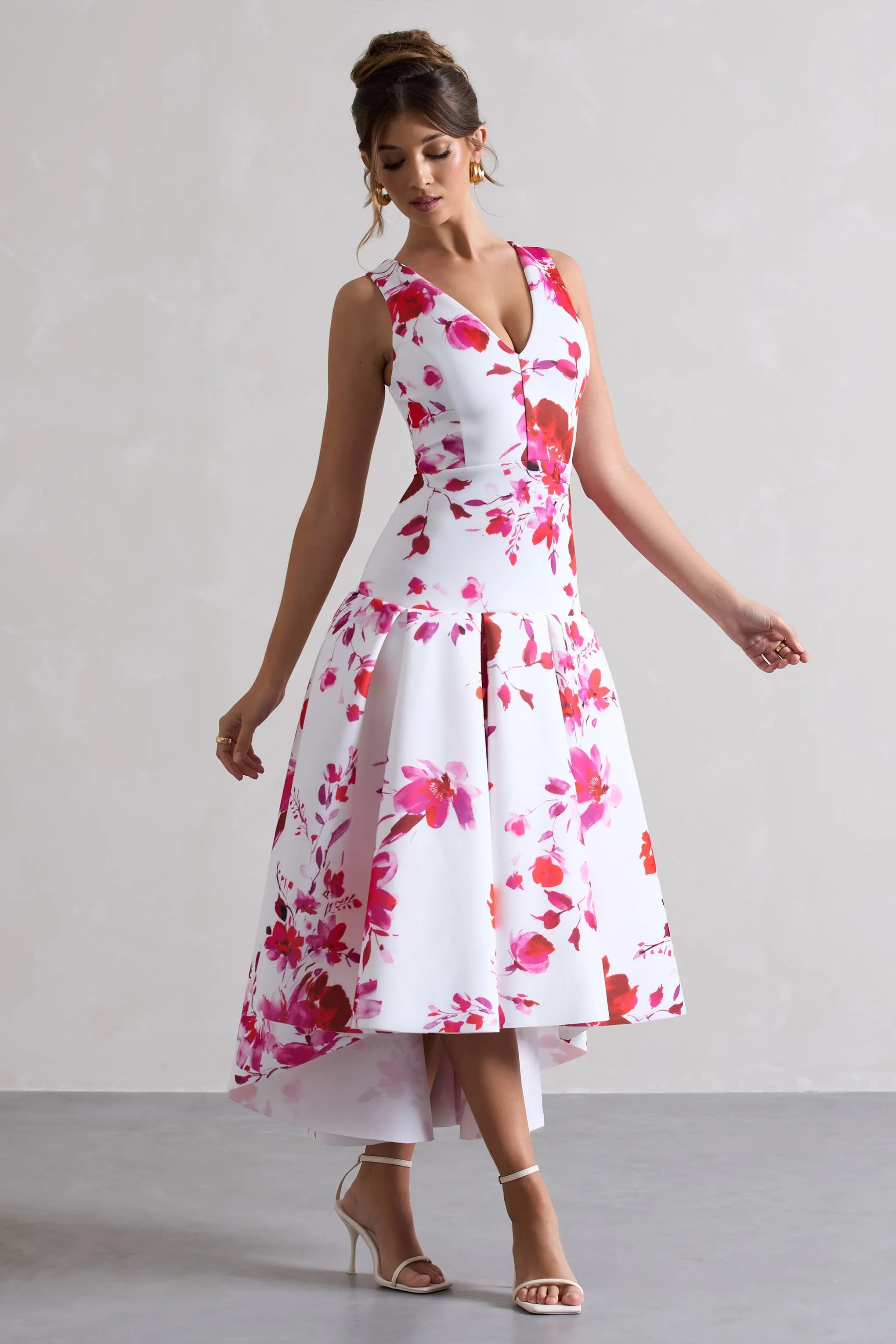 Amoret | Pink Floral Print Plunge-Neck Maxi Dress With Volume Hem