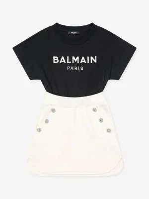 Balmain Girls Logo Cotton Jersey Dress in Black