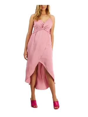 BAR III DRESSES Womens Pink Twist Front Zippered Asymmetrical Hem Ruched Spaghetti Strap Surplice Neckline Maxi Hi-Lo Dress