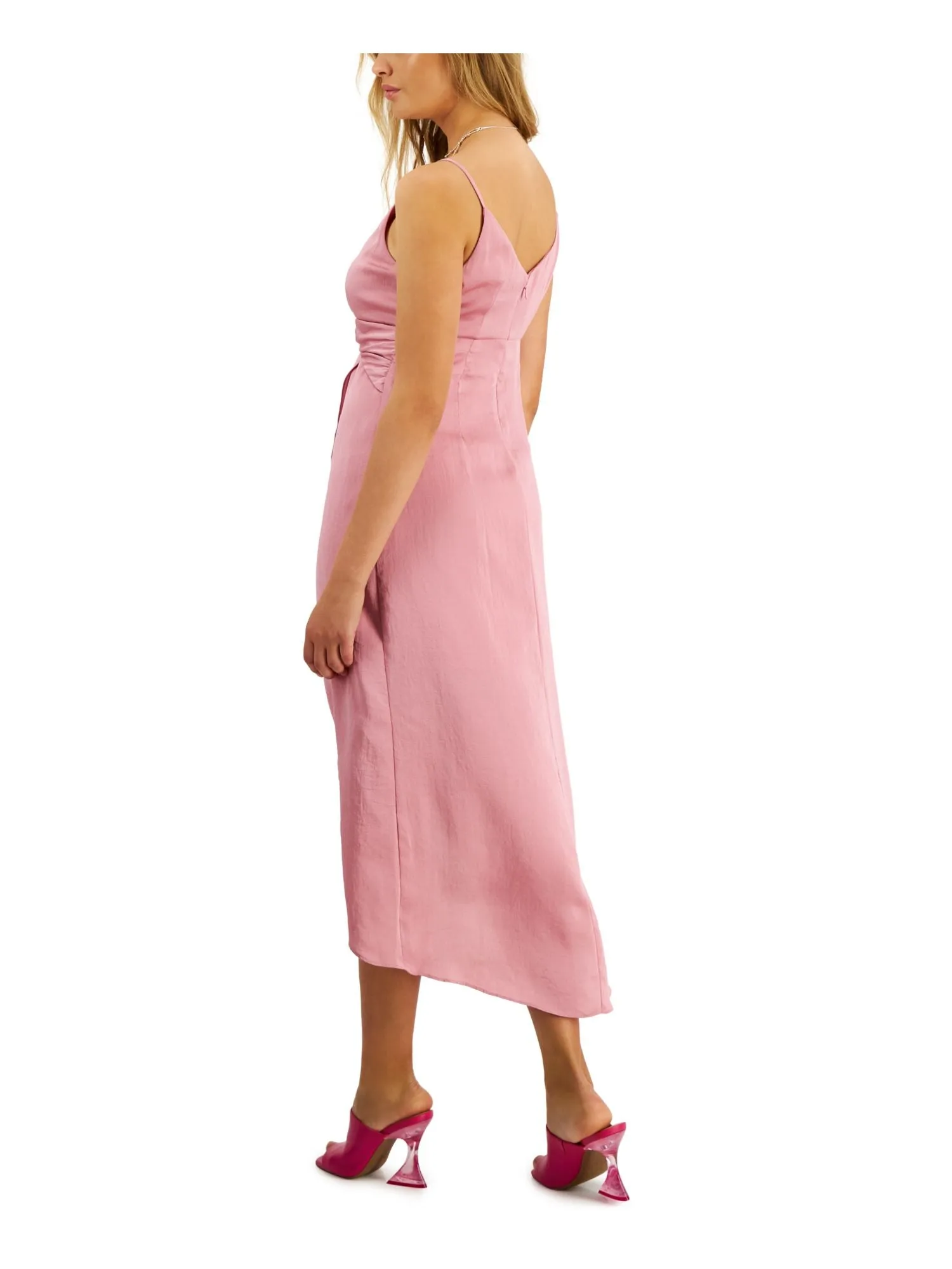 BAR III DRESSES Womens Pink Twist Front Zippered Asymmetrical Hem Ruched Spaghetti Strap Surplice Neckline Maxi Hi-Lo Dress