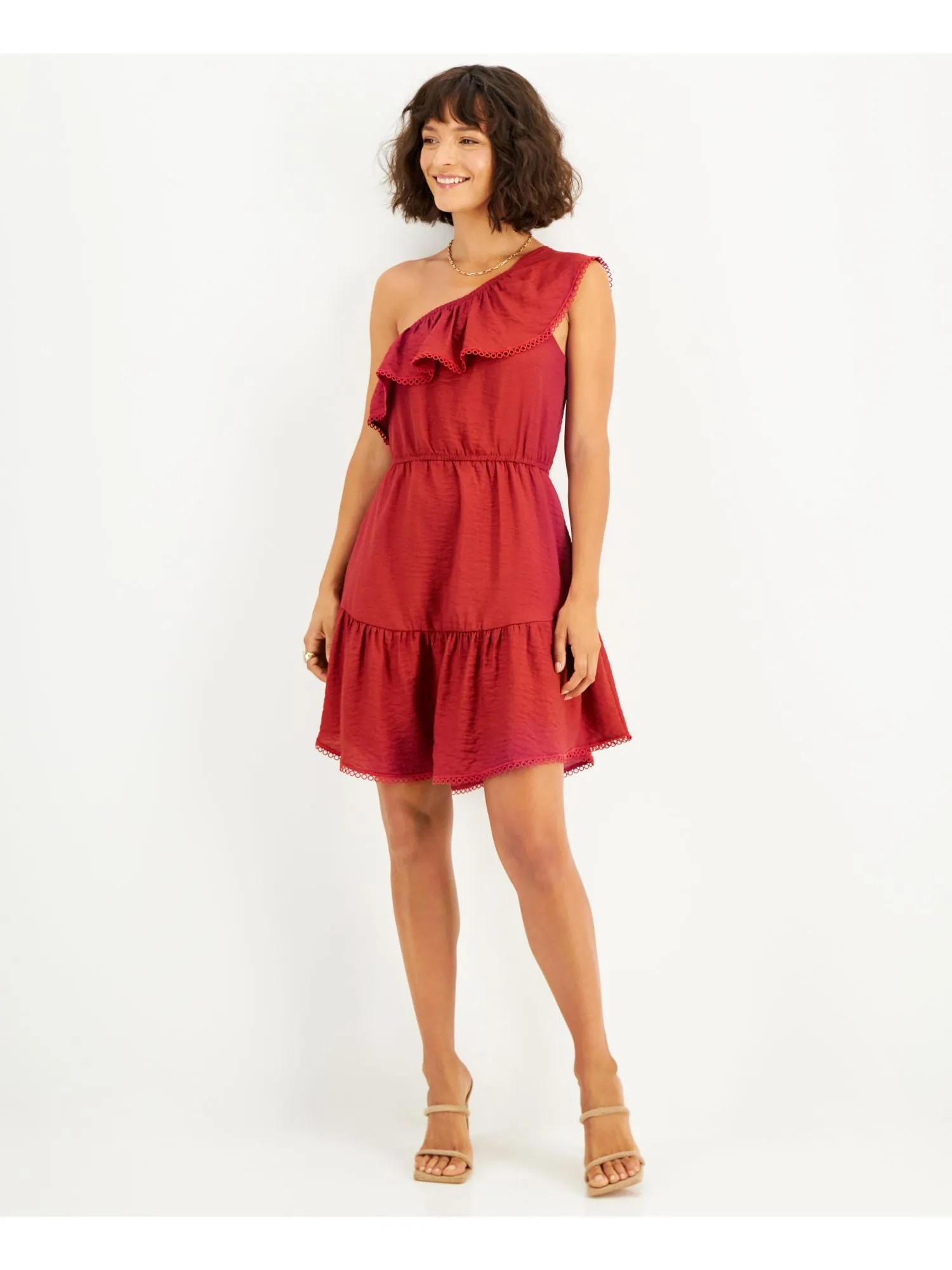 BAR III DRESSES Womens Red Lined Pullover Cap Sleeve Asymmetrical Neckline Above The Knee Cocktail Fit   Flare Dress