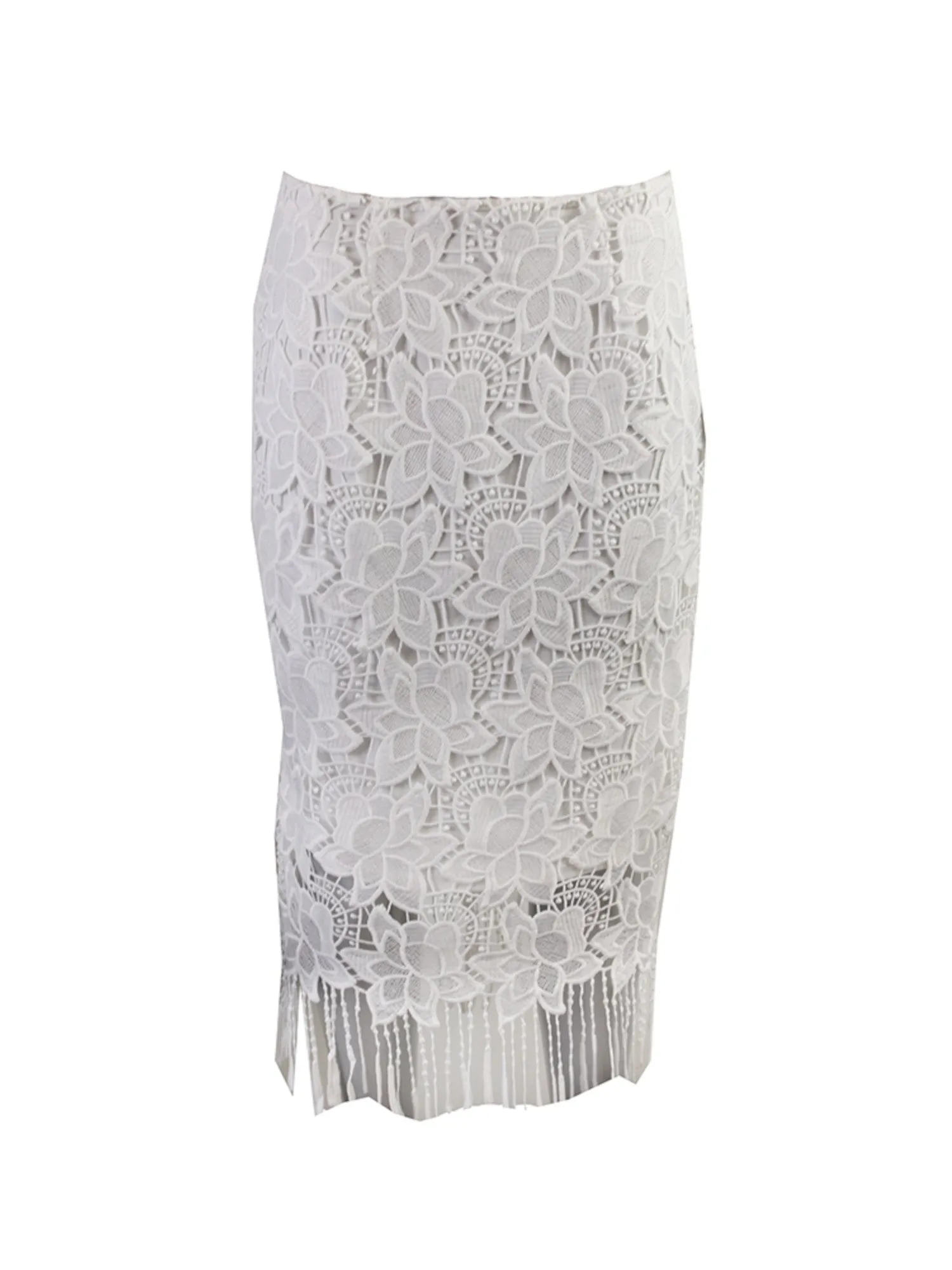 BAR III DRESSES Womens White Fringed Lace Floral Below The Knee Pencil Skirt