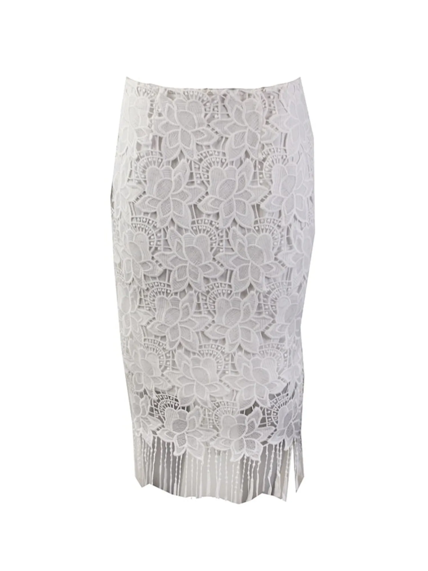 BAR III DRESSES Womens White Fringed Lace Floral Below The Knee Pencil Skirt