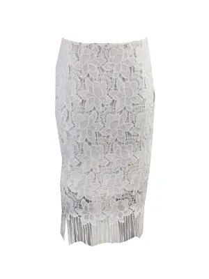 BAR III DRESSES Womens White Fringed Lace Floral Below The Knee Pencil Skirt