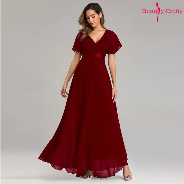 Beauty-Emily Short Sleeve Evening Dresses Elegant V-Neck Ruffles Chiffon Formal Prom Gown Party Dress Robe De Soiree