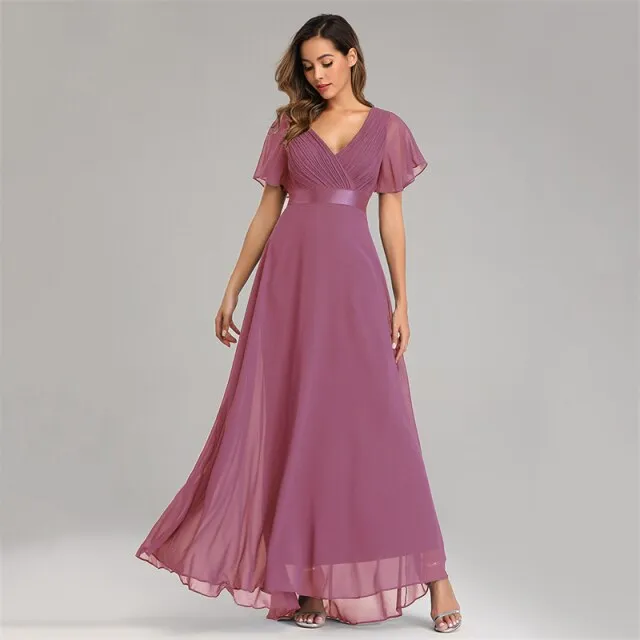 Beauty-Emily Short Sleeve Evening Dresses Elegant V-Neck Ruffles Chiffon Formal Prom Gown Party Dress Robe De Soiree