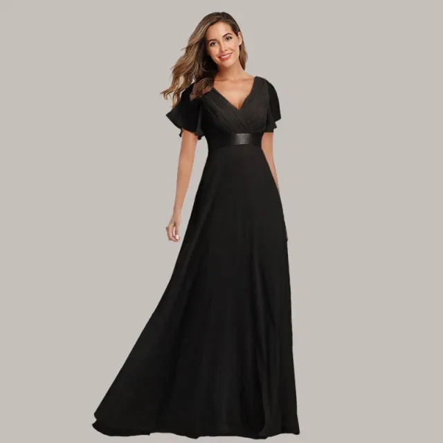 Beauty-Emily Short Sleeve Evening Dresses Elegant V-Neck Ruffles Chiffon Formal Prom Gown Party Dress Robe De Soiree