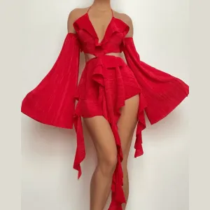 BerriesJam - Gloves Ruffle Solid Hollow Out Halter Backless Cut Out Mini Dress