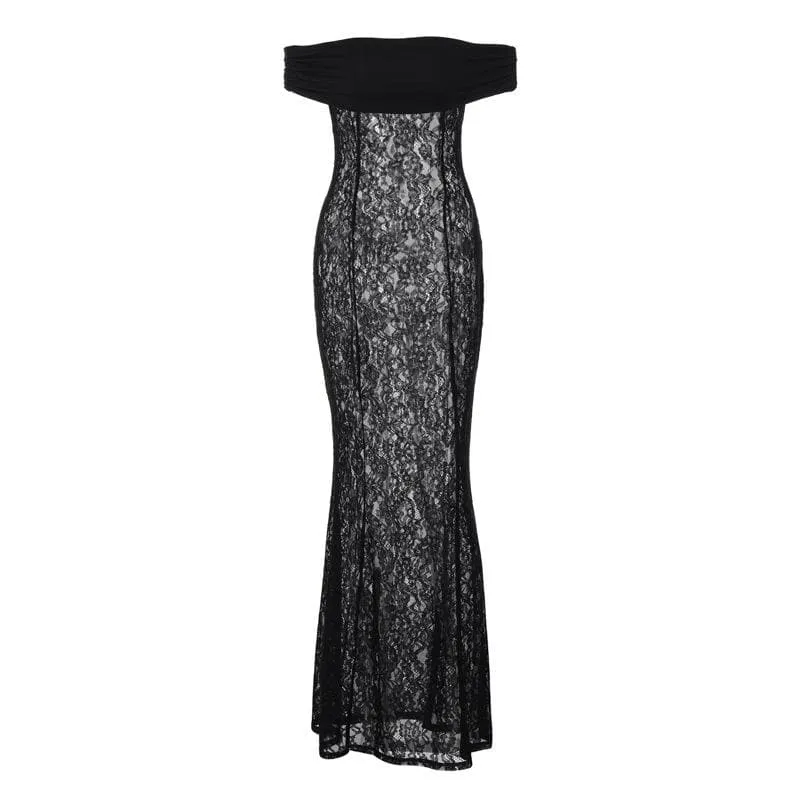 BerriesJam - Lace Off Shoulder See Through Ruched Maxi Dress