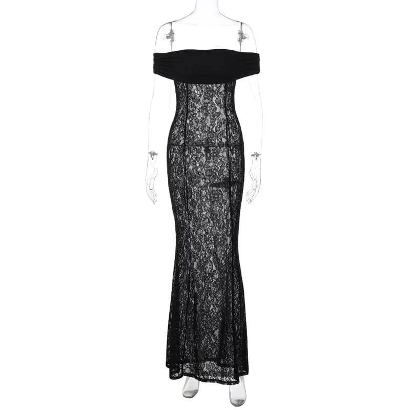 BerriesJam - Lace Off Shoulder See Through Ruched Maxi Dress