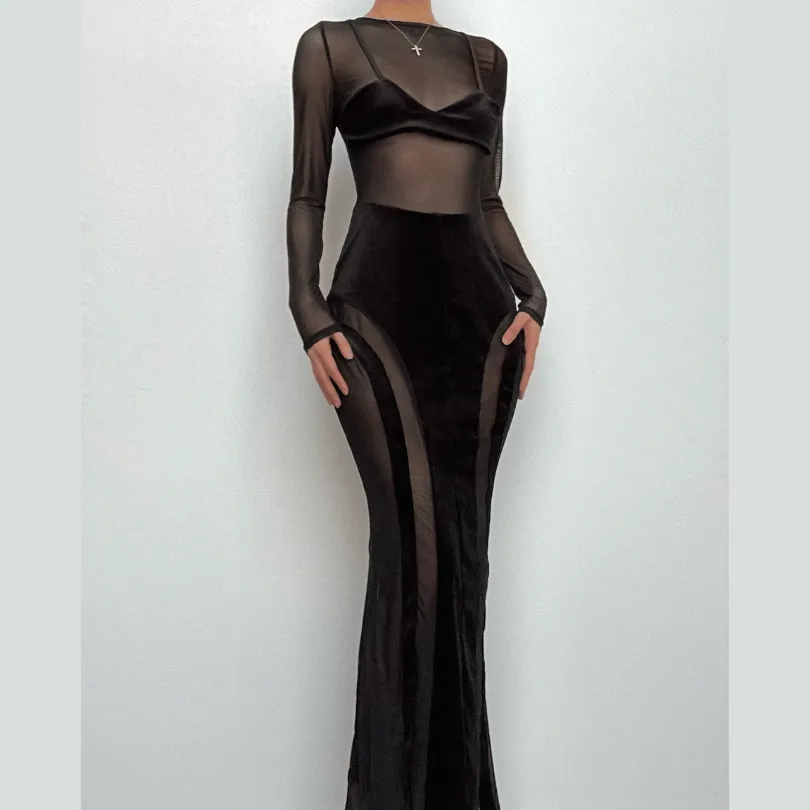 BerriesJam - Mesh Patchwork Velvet Long Sleeve Maxi Dress