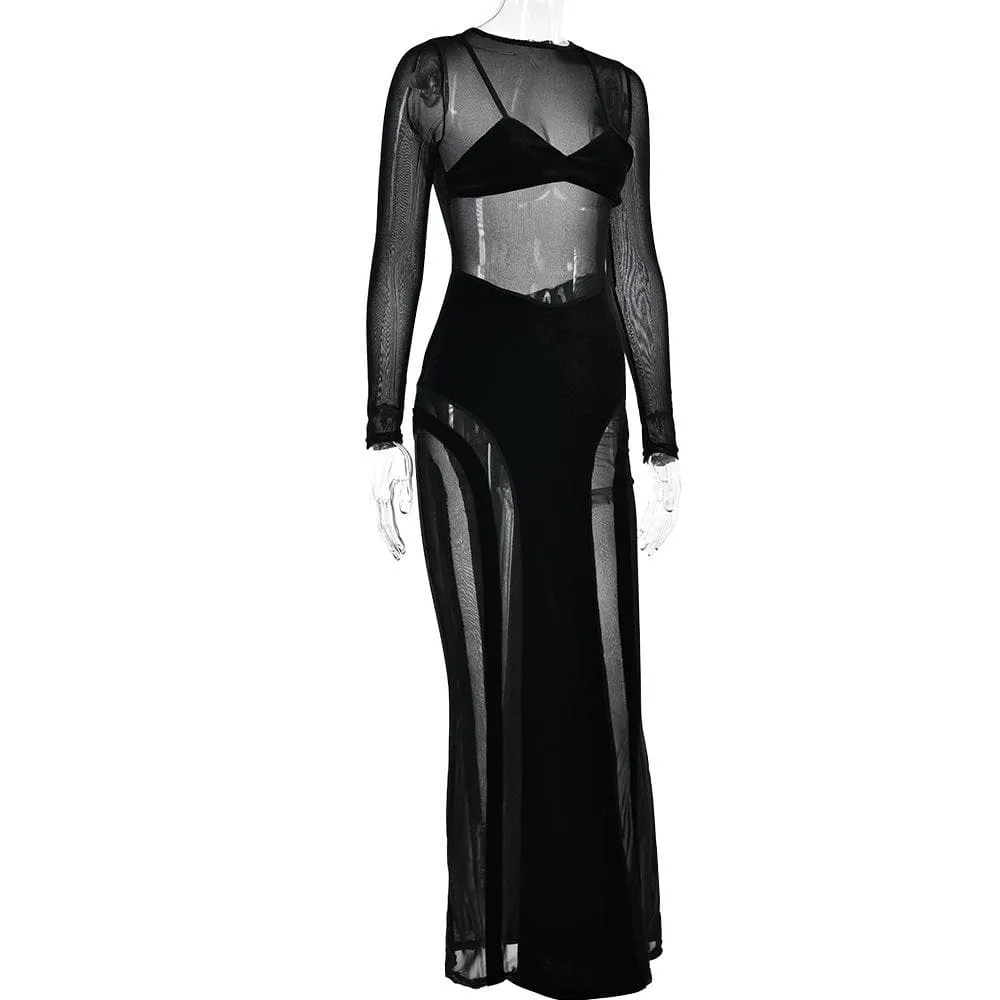 BerriesJam - Mesh Patchwork Velvet Long Sleeve Maxi Dress