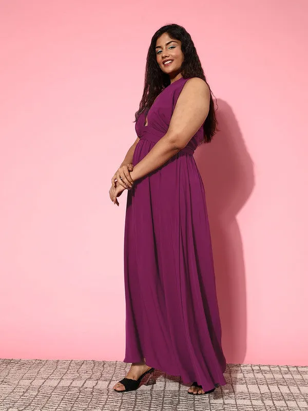 Berrylush Women Plus Size Solid Purple Halter Neck Sleeveless Front Cutout Flared Maxi Dress