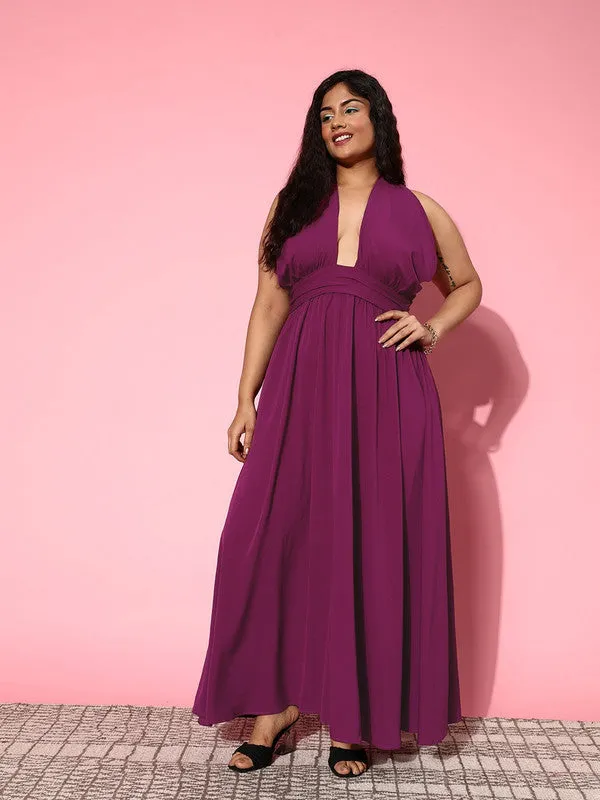 Berrylush Women Plus Size Solid Purple Halter Neck Sleeveless Front Cutout Flared Maxi Dress