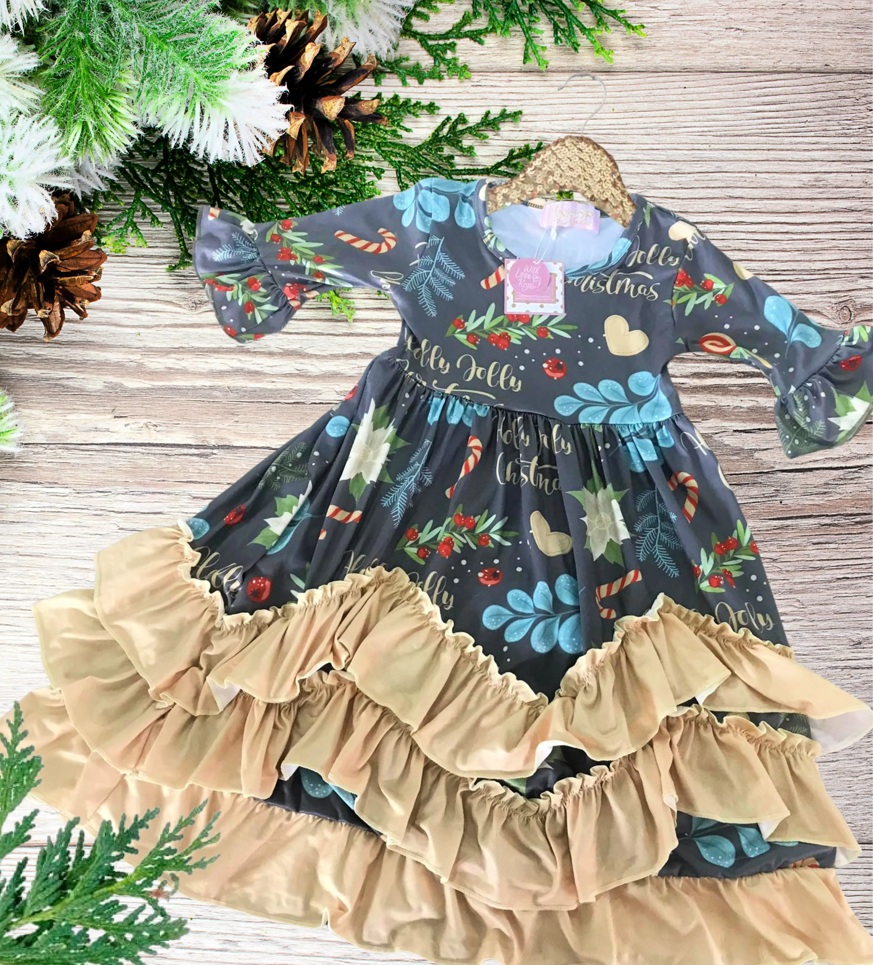 BEST SELLER - Girls Long Ruffle Holiday/Christmas  Dresses - Mustard & Grey Holly Jolly Christmas