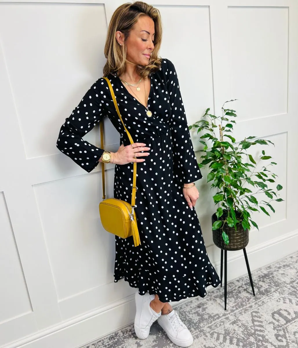 Black Spotted Print Wrap Midi Dress