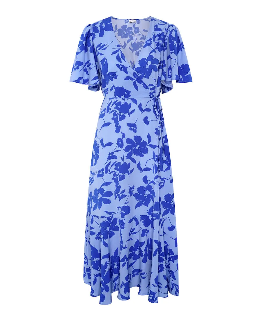 Blue Floral Wrap Midi Dress