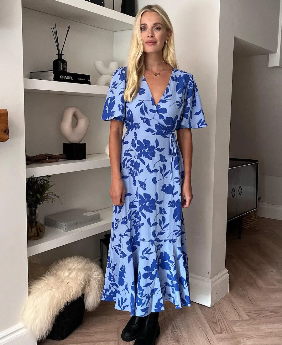 Blue Floral Wrap Midi Dress