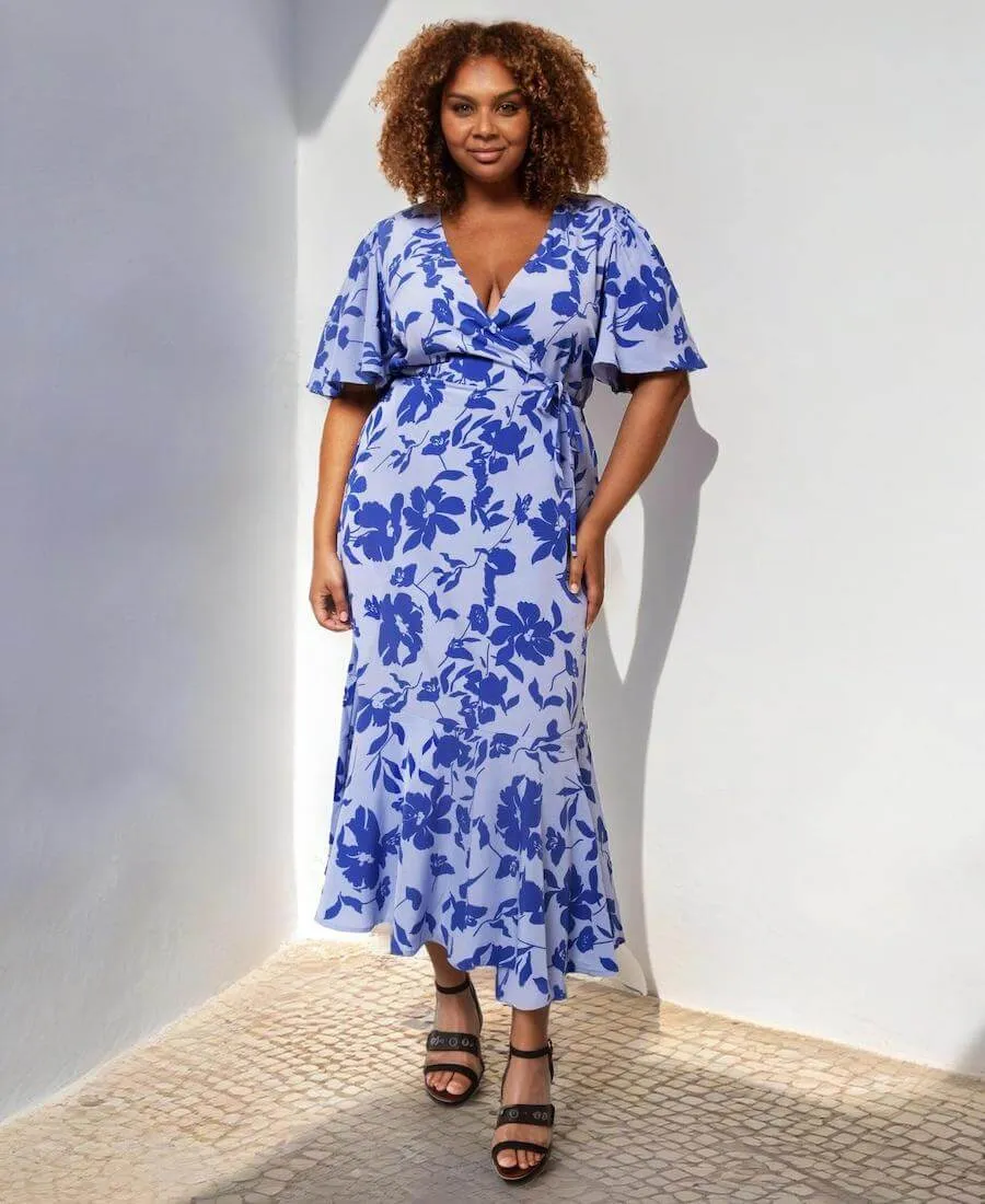 Blue Floral Wrap Midi Dress