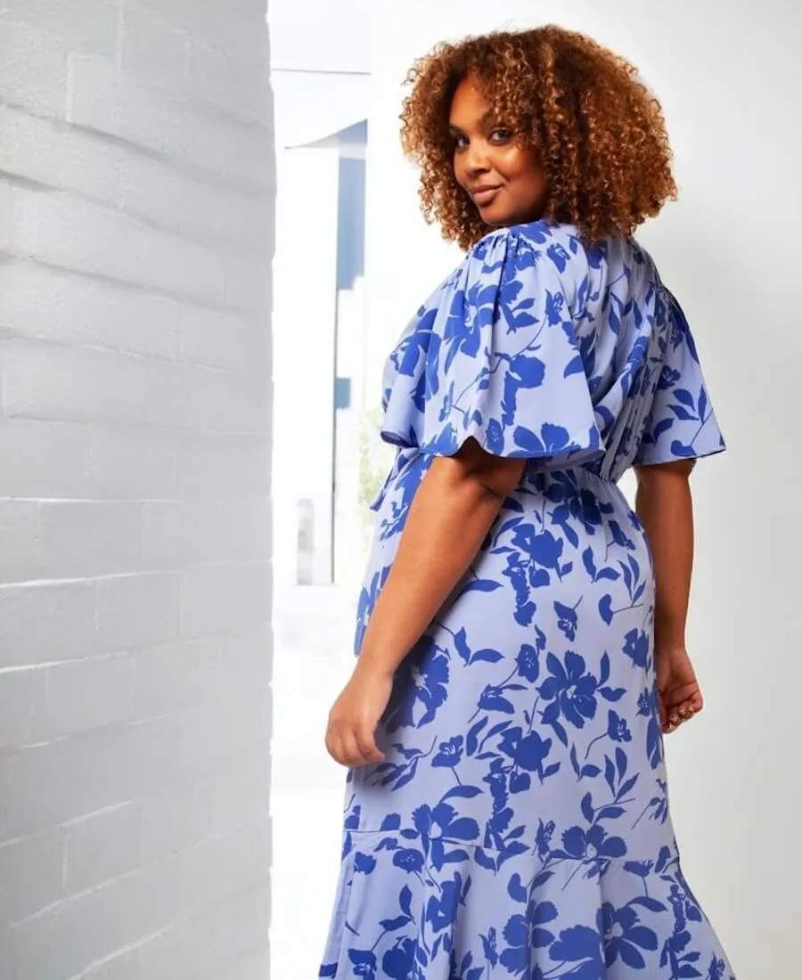 Blue Floral Wrap Midi Dress