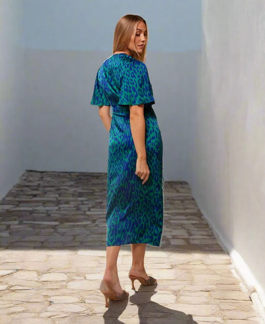 Blue Leopard Wrap Midi Dress