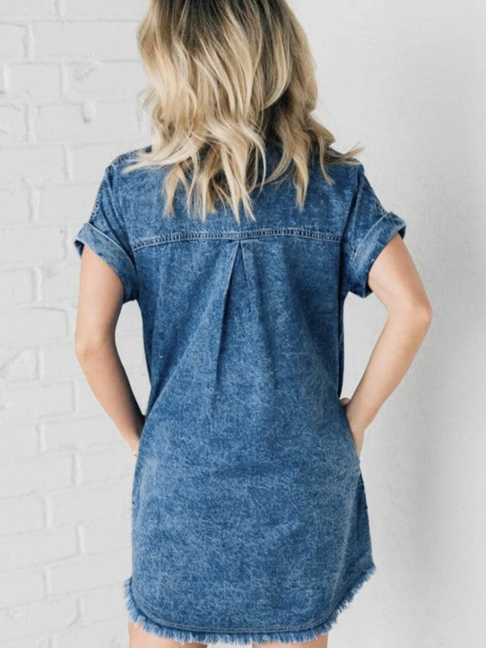 Blue Mineral Wash Denim Shirt Dress with Cuffed Sleeves