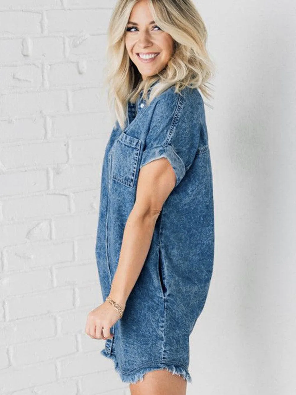 Blue Mineral Wash Denim Shirt Dress with Cuffed Sleeves