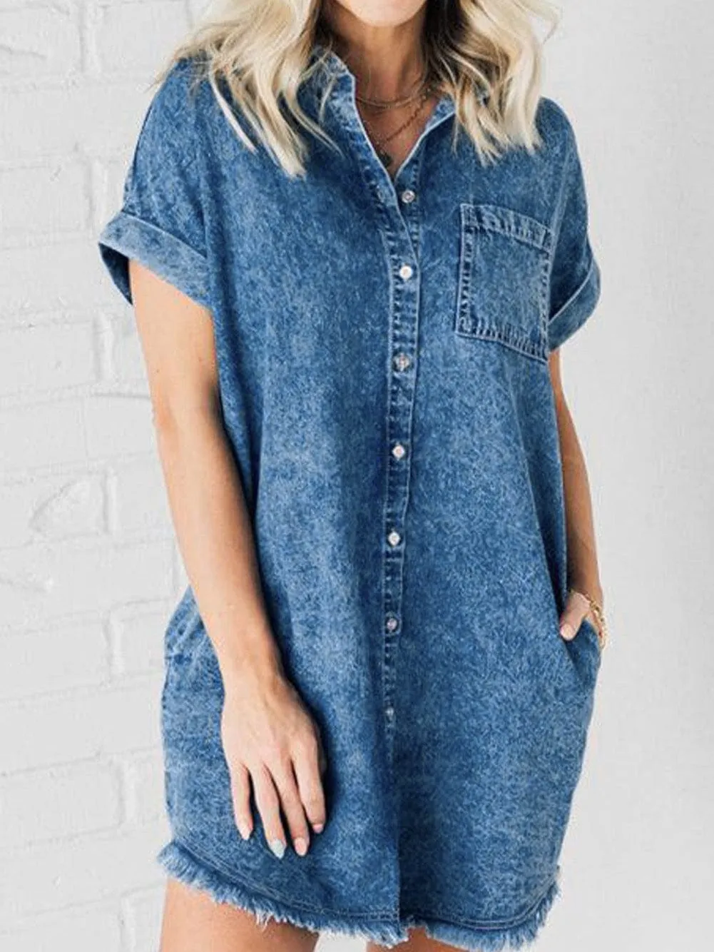 Blue Mineral Wash Denim Shirt Dress with Cuffed Sleeves