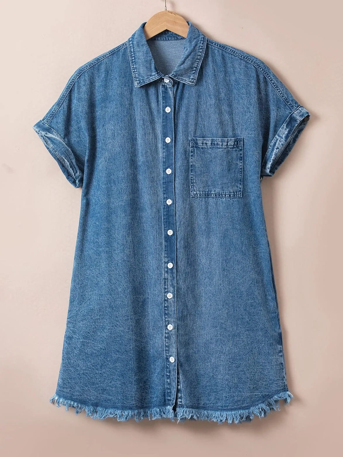 Blue Mineral Wash Denim Shirt Dress with Cuffed Sleeves