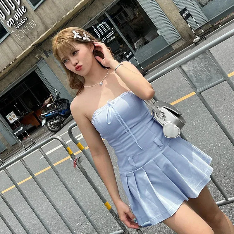 Blue Pleated Stylish Strapless Mini Dress