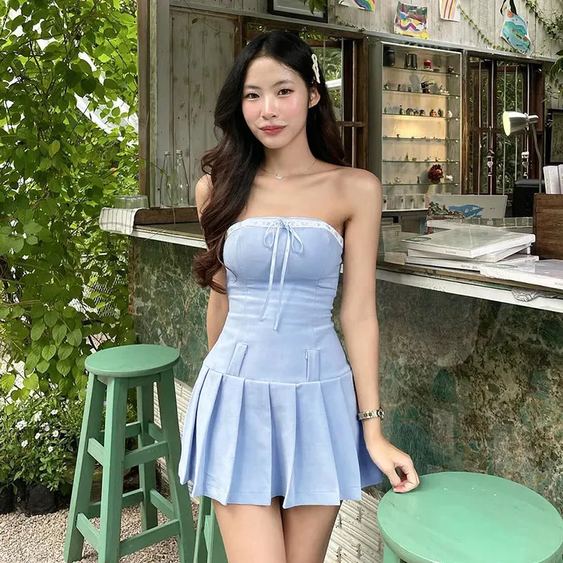 Blue Pleated Stylish Strapless Mini Dress