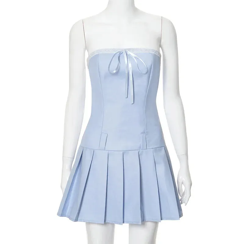 Blue Pleated Stylish Strapless Mini Dress