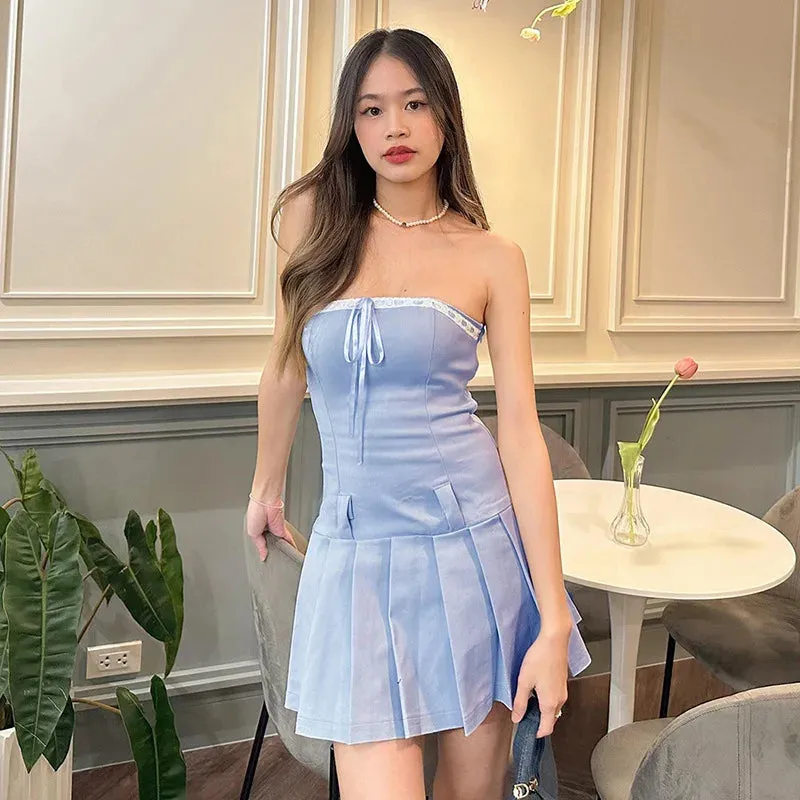 Blue Pleated Stylish Strapless Mini Dress