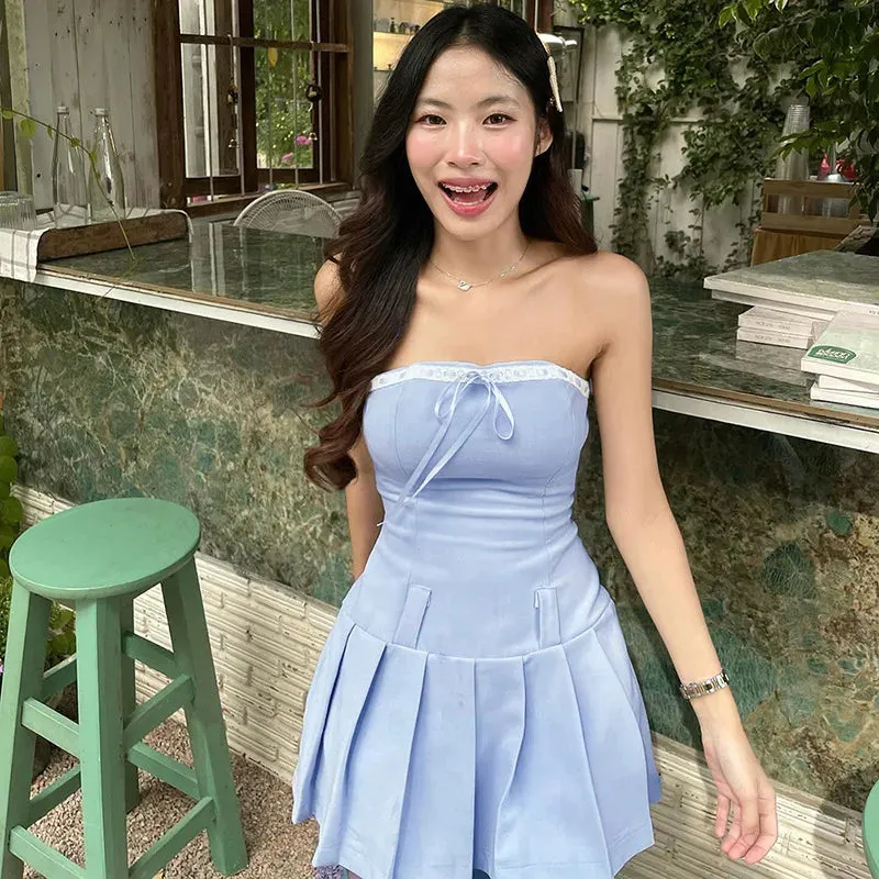 Blue Pleated Stylish Strapless Mini Dress