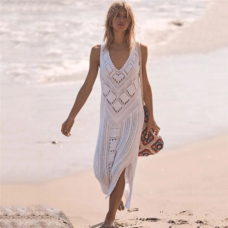 Boho Scalloped Trim Sleeveless Pointelle Crochet Knit White Cover Up Dress