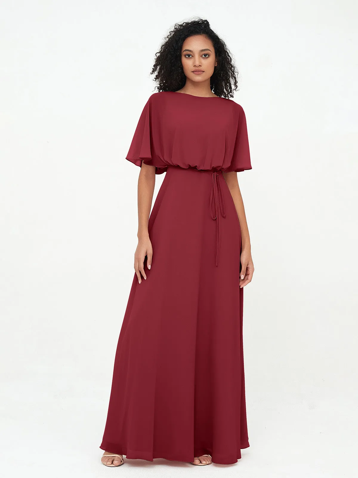 Chiffon Full Length Bridesmaid Dresses with Wrap Burgundy